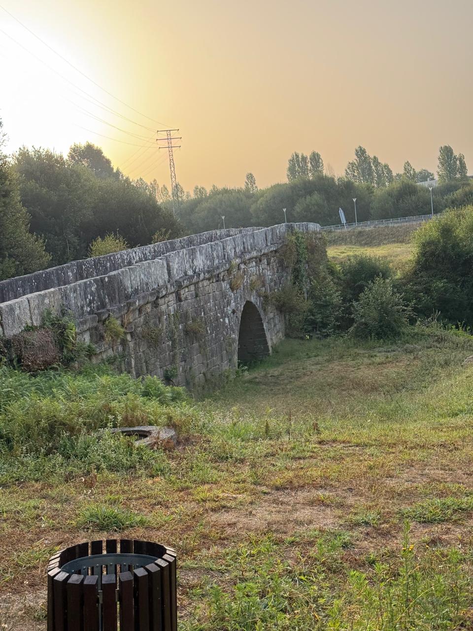 Ponte de pedra antiga ao amanhecer, entre vegetação